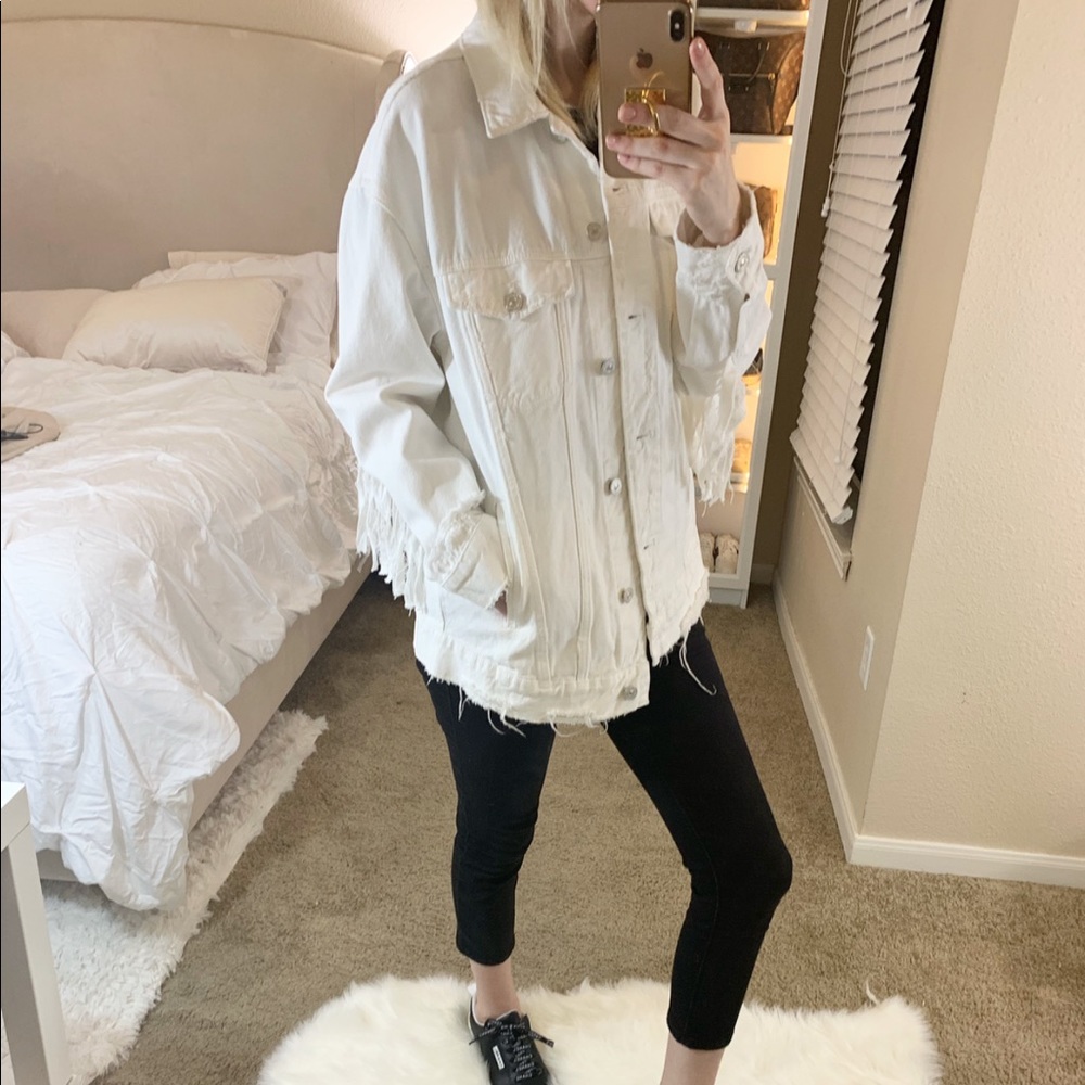 Zara oversized fringe white denim jacket